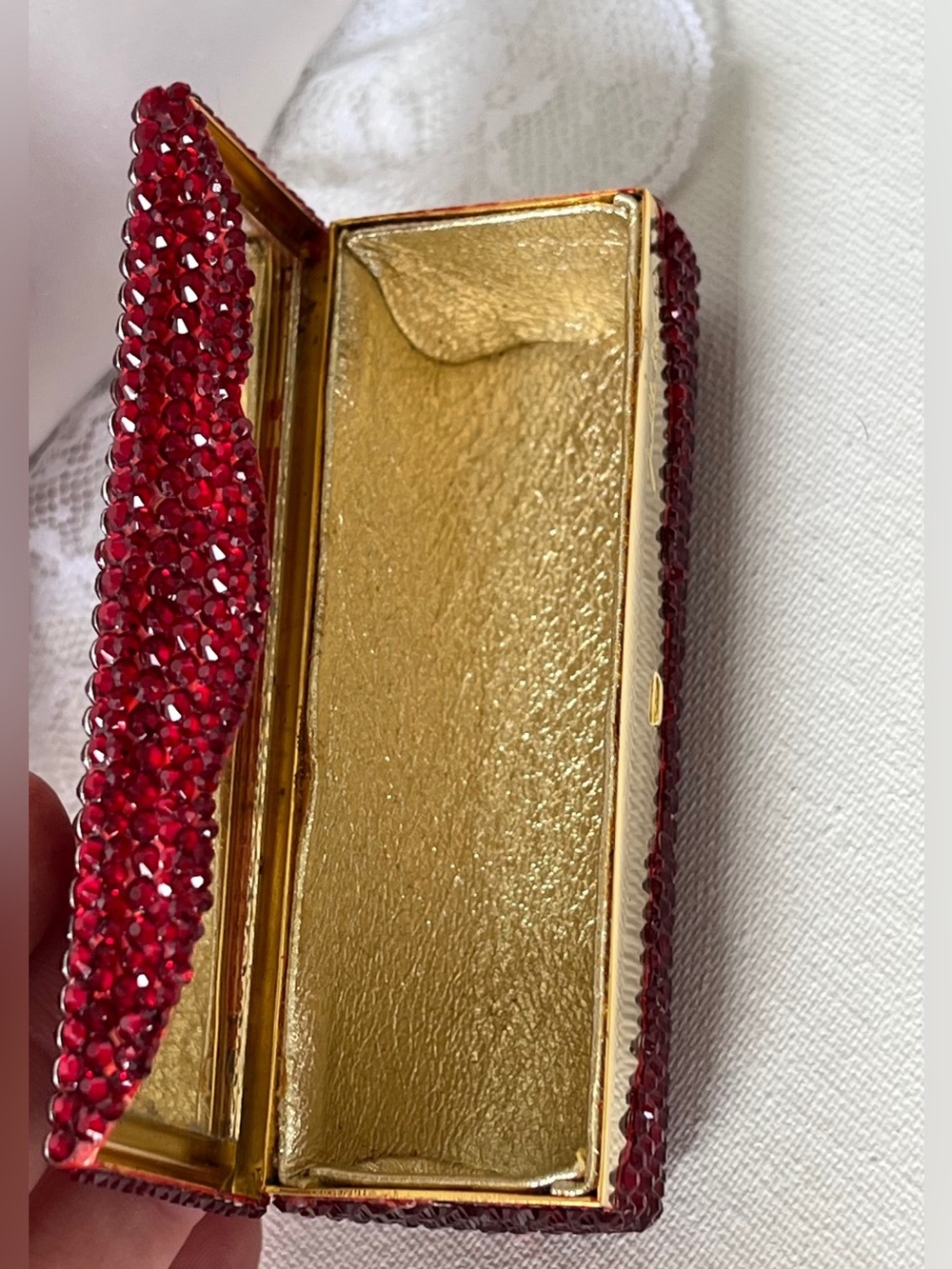 Judith Leiber Red Crystal Lipstick Compact Mirror Case, Like New - Picture 7 of 13
